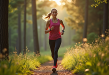 Femme sportive marchant dans la foret en pleine nature