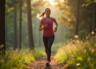 Comment atteindre l’objectif de 15 000 pas par jour en km pour les sportifs Femme sportive marchant dans la foret en pleine nature