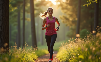 Femme sportive marchant dans la foret en pleine nature