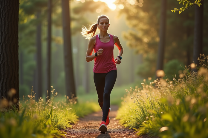 Femme sportive marchant dans la foret en pleine nature