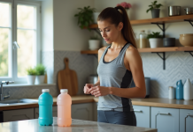 Jeune femme sportive examine deux boissons avant course