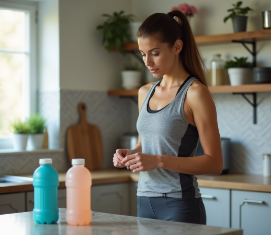 Jeune femme sportive examine deux boissons avant course
