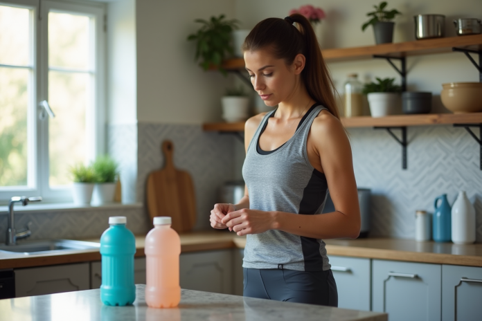 Jeune femme sportive examine deux boissons avant course