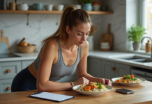 Femme sportive préparant un repas équilibré à la maison