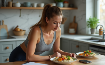 Perte de graisse : quel ratio macro idéal pour mincir efficacement ? Femme sportive préparant un repas équilibré à la maison