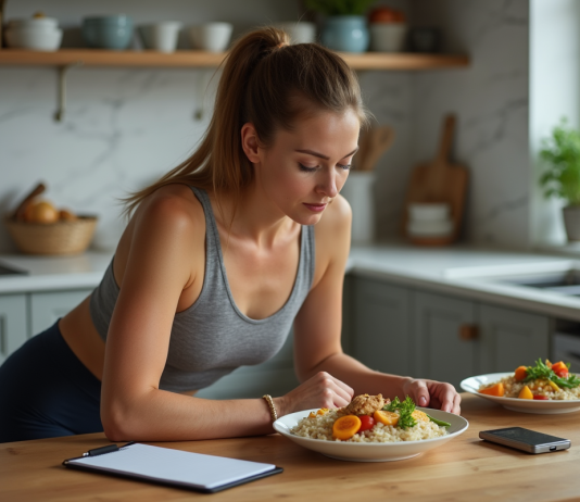 Perte de graisse : quel ratio macro idéal pour mincir efficacement ? Femme sportive préparant un repas équilibré à la maison