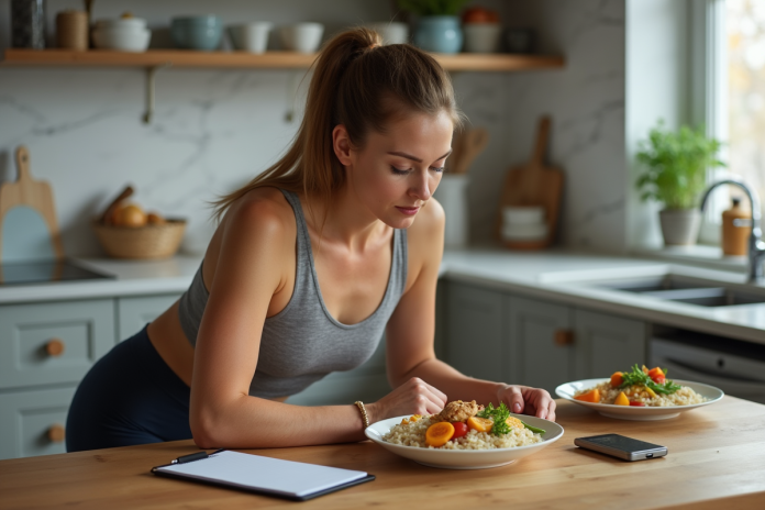 femme-sportive-repas-sain Femme sportive préparant un repas équilibré à la maison