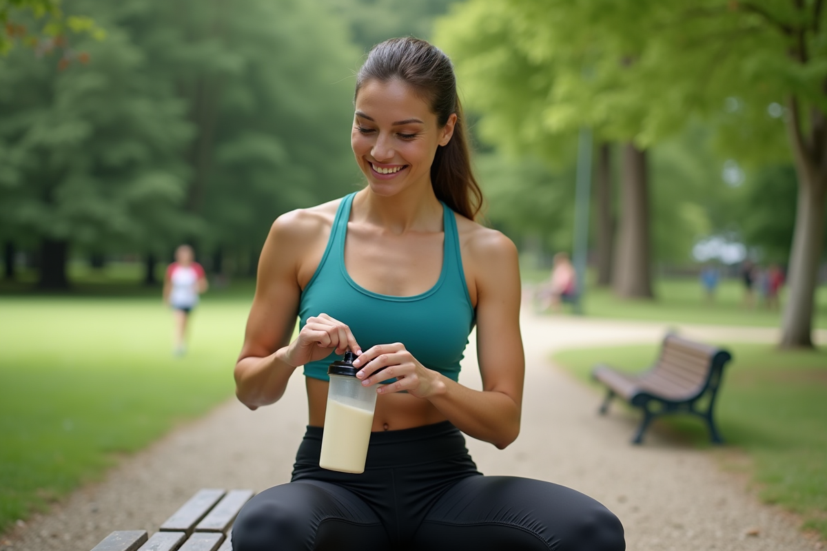 Femme sportive mélangeant une protéine dans un parc