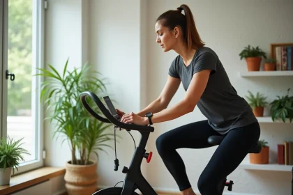 Femme sportive lisant une tablette en faisant du vélo à la maison