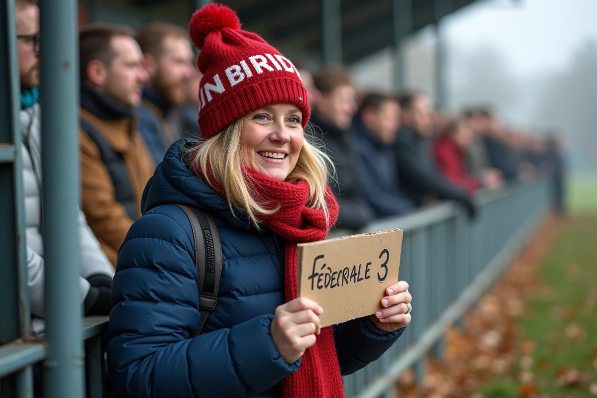 Supporter femme avec panneau et bonnet de rugby