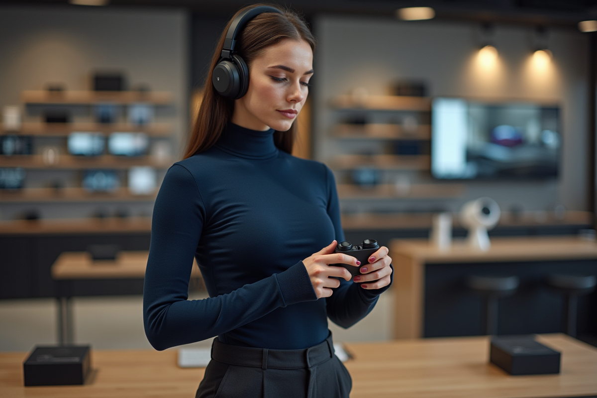 Femme teste des écouteurs sans fil dans un magasin d