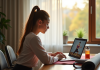 Jeune femme regardant une vidéo de fitness en ligne à la maison