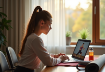 Jeune femme regardant une vidéo de fitness en ligne à la maison