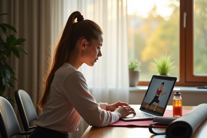 Jeune femme regardant une vidéo de fitness en ligne à la maison