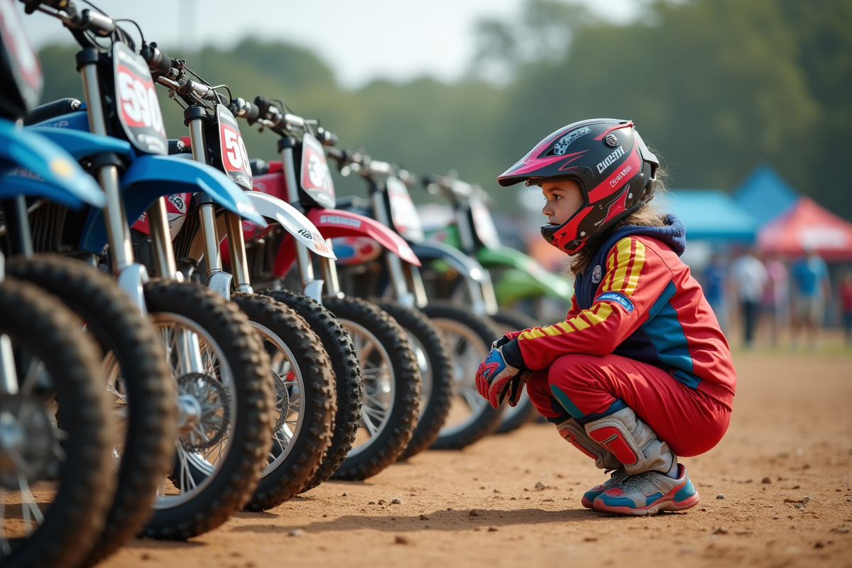 Jeune fille de 10 ans en équipement coloré près des motos