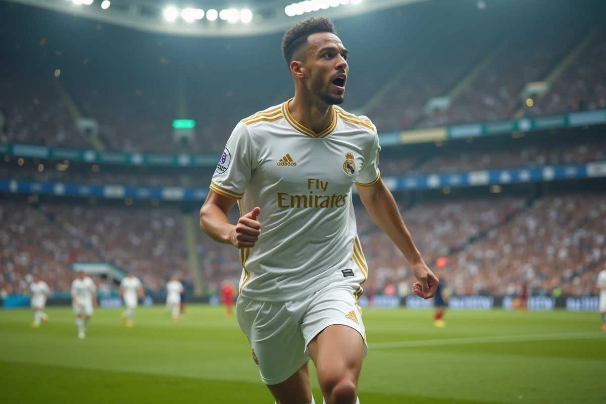 Footballeur célébrant un but en maillot blanc dans un grand stade européen comble, bras levé en signe de victoire