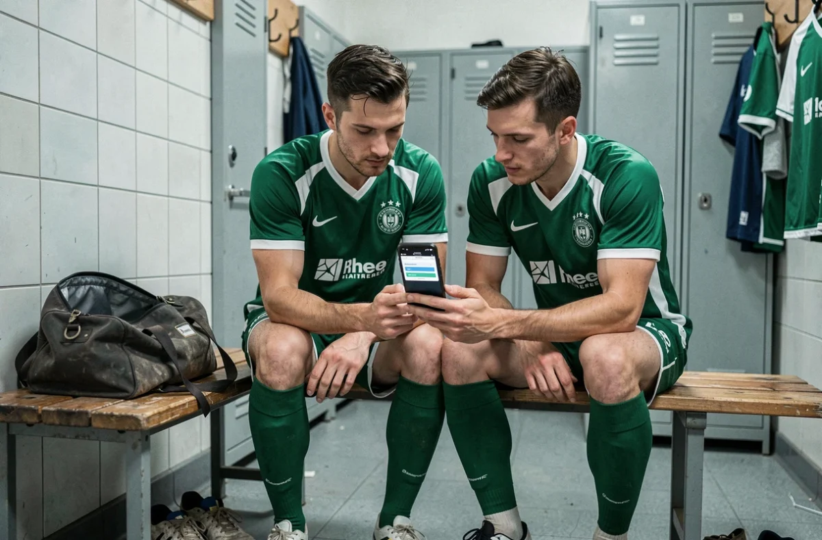 Deux footballeurs amateurs consultant leur licence en ligne sur smartphone dans un vestiaire de club de football du district Haute Loire