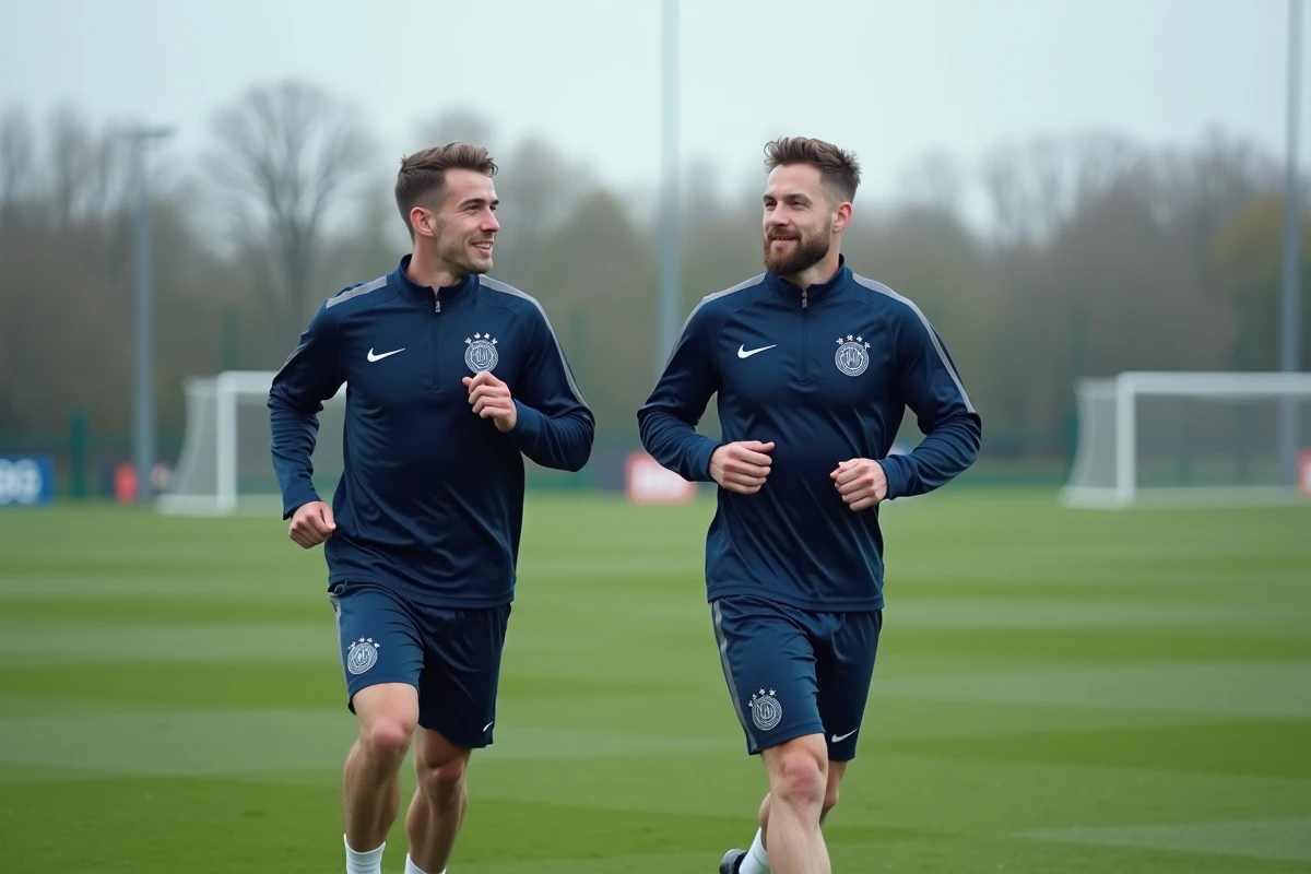 Deux footballeurs professionnels en tenue d'entraînement discutant lors d'une séance sur le terrain d'entraînement du club parisien