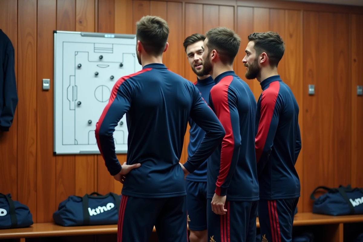 Trio de footballeurs professionnels en tenue d'entraînement discutant tactique dans un vestiaire de club, contexte des effectifs et salaires du PSG 2026