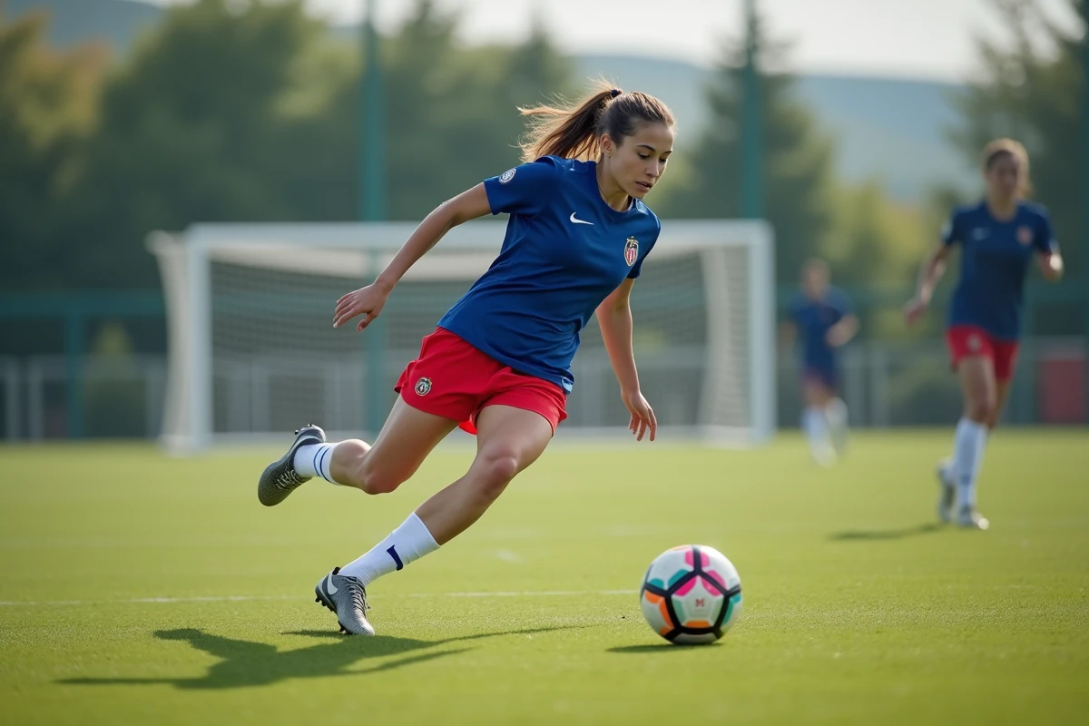 Footballeuse française en pleine action de dribble lors d'un entraînement, représentant la nouvelle génération du football féminin en France