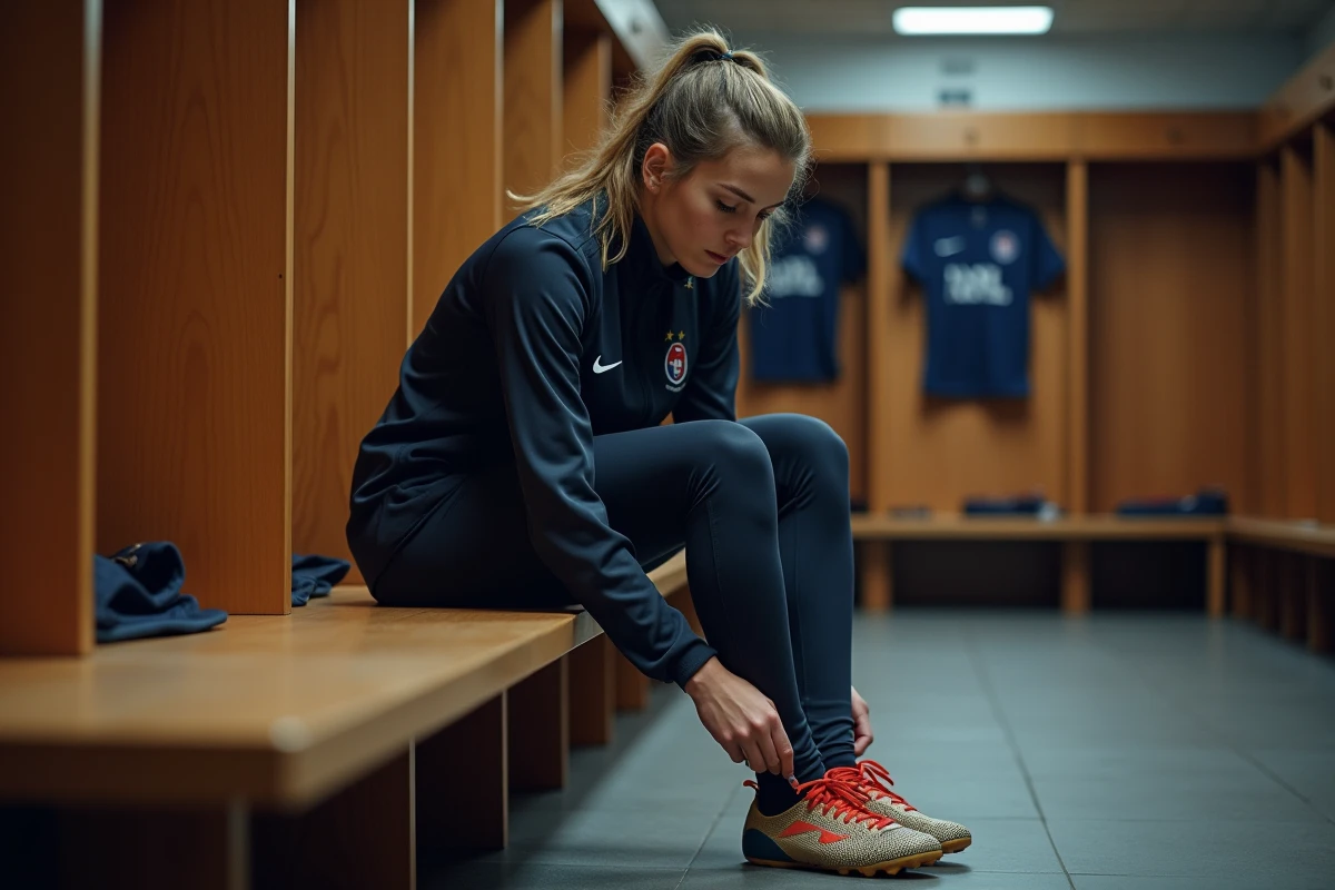 Footballeuse française dans un vestiaire en train de lacer ses chaussures de foot, ambiance authentique et coulisses du football féminin