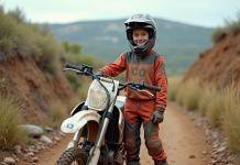 Jeune garçon de 14 ans souriant avec casque relevé et moto