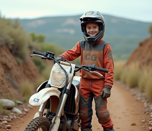 Comment élire la moto-cross 50 idéale pour ses aventures tout-terrain ? Jeune garçon de 14 ans souriant avec casque relevé et moto