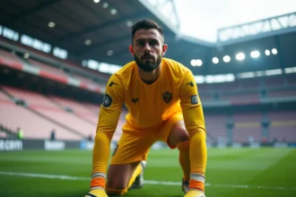 Gardien de but du PSG en position de jeu lors d'un match au Parc des Princes