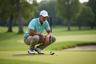 Golfeur analysant sa balle avant un coup d'approche avec un wedge sur un parcours de golf