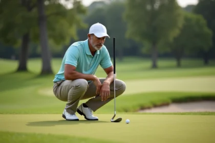 Golfeur analysant sa balle avant un coup d'approche avec un wedge sur un parcours de golf