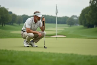 Golfeur qui analyse la pente du putting green avant un putt, position accroupie sur gazon soigné