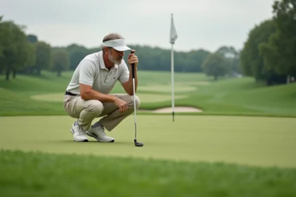 Golfeur qui analyse la pente du putting green avant un putt, position accroupie sur gazon soigné