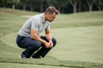 Golfeur analysant la pente du green avant un putt, erreur tactique courante sur le parcours de golf