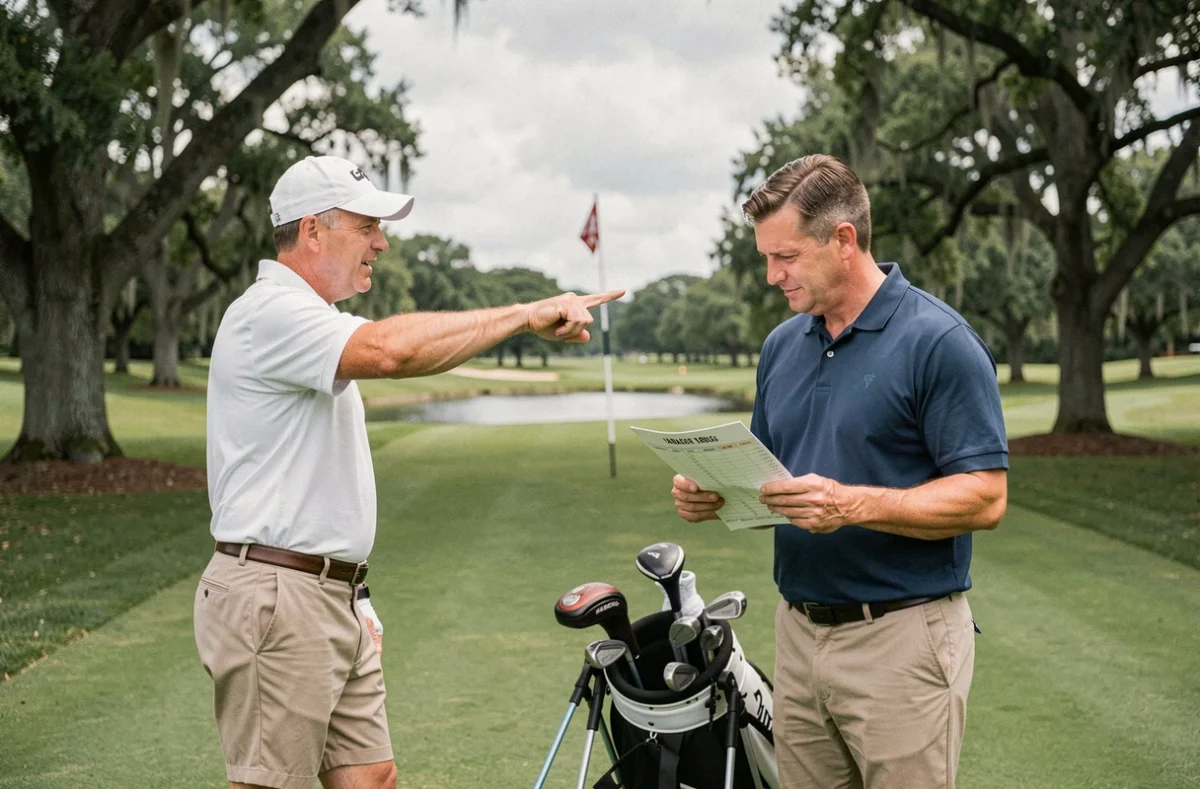 Deux golfeurs discutant de stratégie de parcours avec un guide de distances, erreurs tactiques à éviter au golf