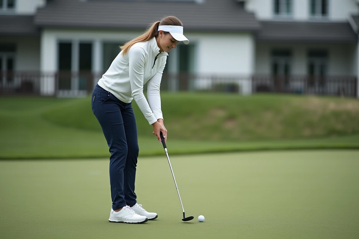 Golfeuse en position d'adresse sur putting green d'entraînement, tenant un putter blade avec précision