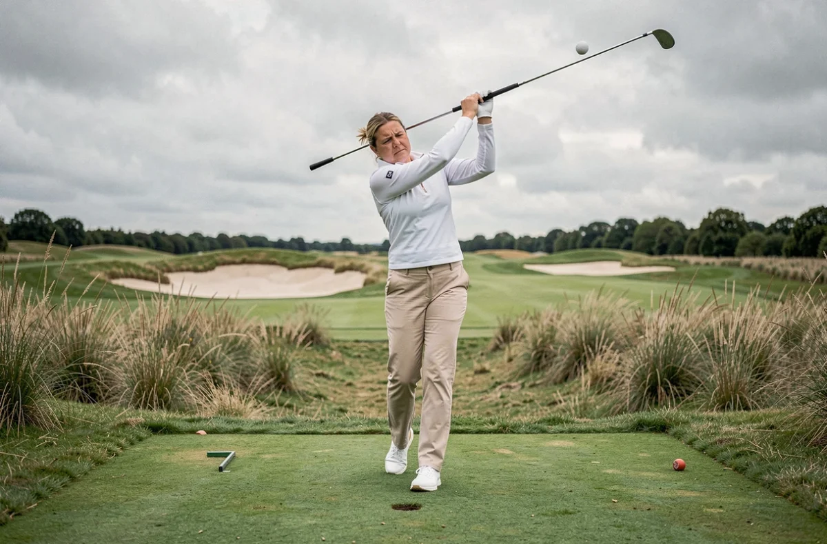 Golfeuse en plein swing au départ d'un trou, illustrant les erreurs de stratégie de parcours au golf