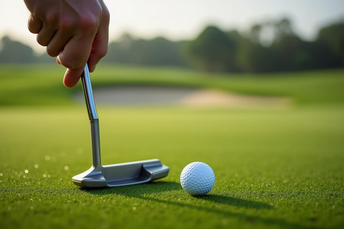 Gros plan sur la main droite d'un golfeur tenant un putter blade en prise à une main, balle de golf sur le green avec rosée matinale, détail du geste de putting stabilisé