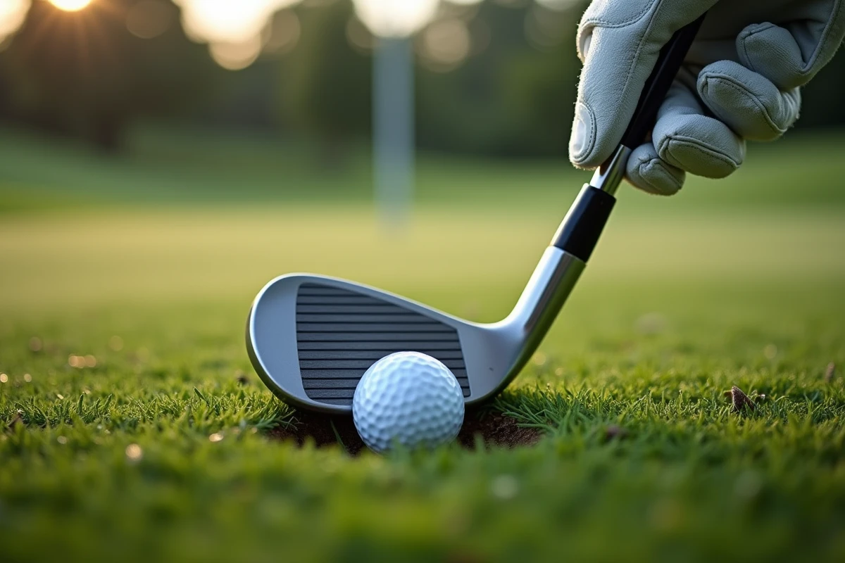 Gros plan sur un wedge mal positionné derrière la balle dans le rough, illustrant une erreur d'approche au golf