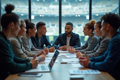 Groupe d'athletes jeunes en discussion dans un lounge sportif