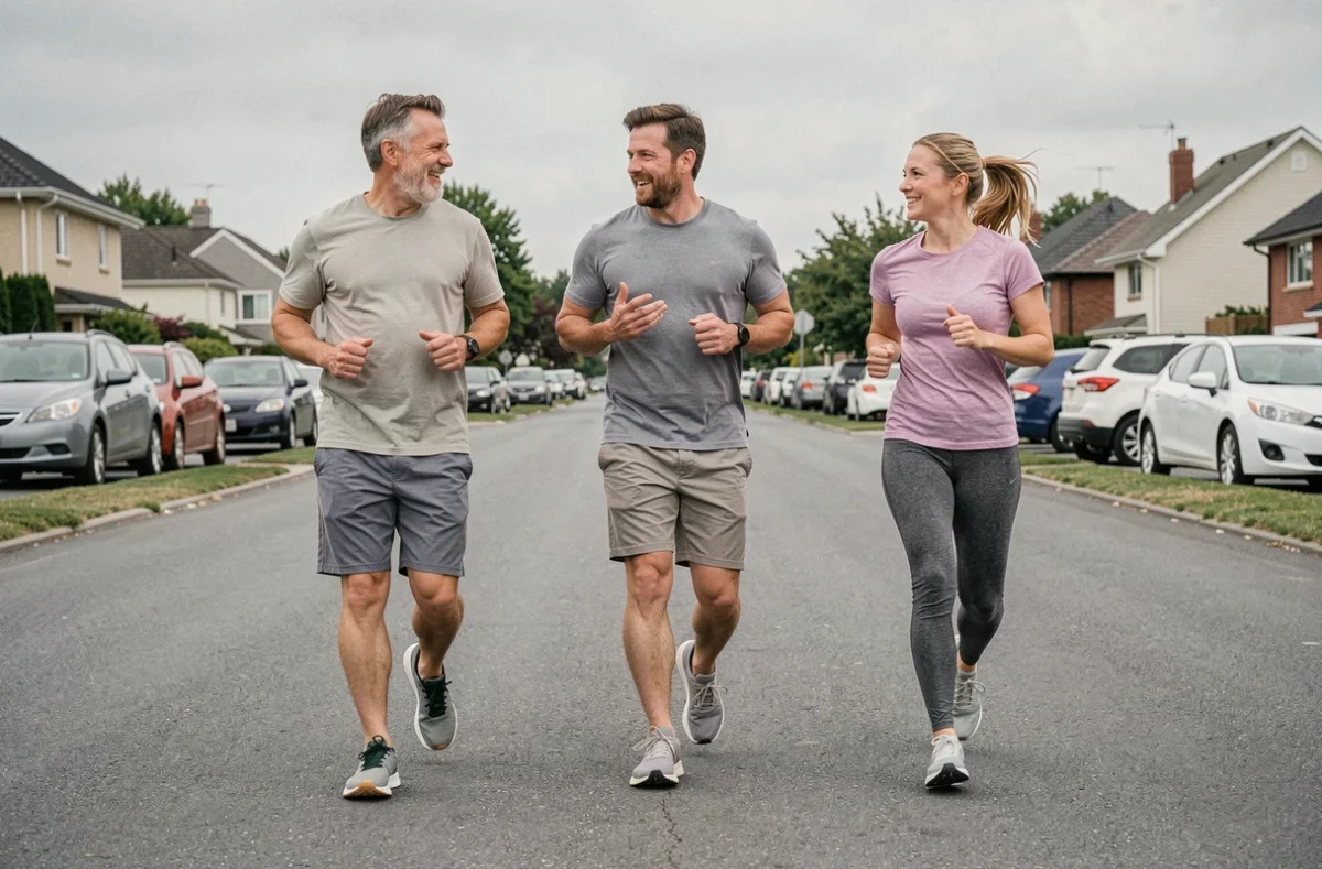 Groupe de trois coureurs débutants qui s'entraînent ensemble à vitesse modérée en discutant de leur allure cible pour préparer leur premier marathon