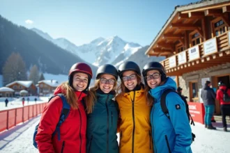 Groupe d'étudiants souriants au ski à Deux Alpes