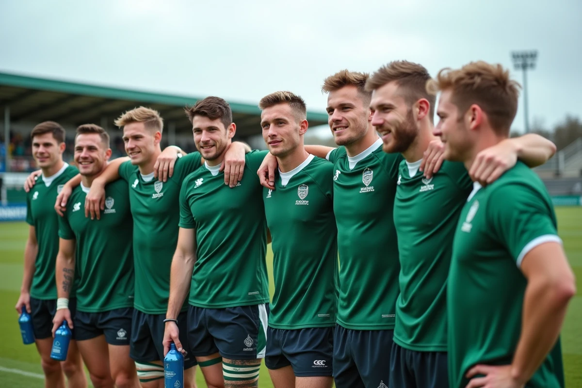 Groupe de joueurs de rugby U20 sur la touche du terrain lors d'une compétition internationale 2026