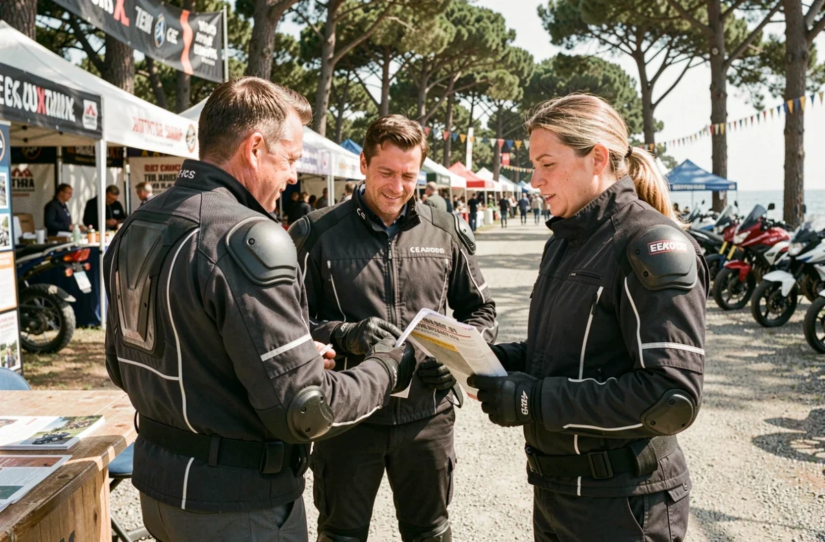 Groupe de motards consultant des consignes de sécurité lors d'un rassemblement moto à Montalivet