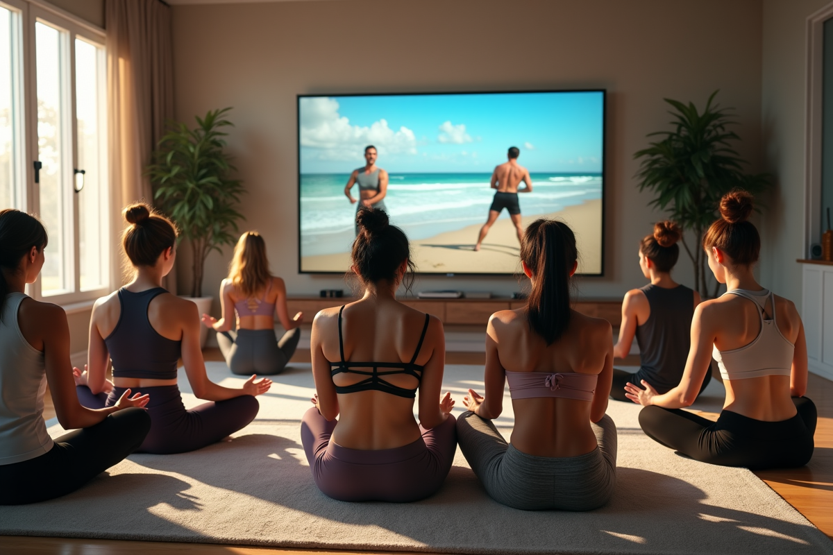 Groupe divers participant à un cours de fitness virtuel en direct