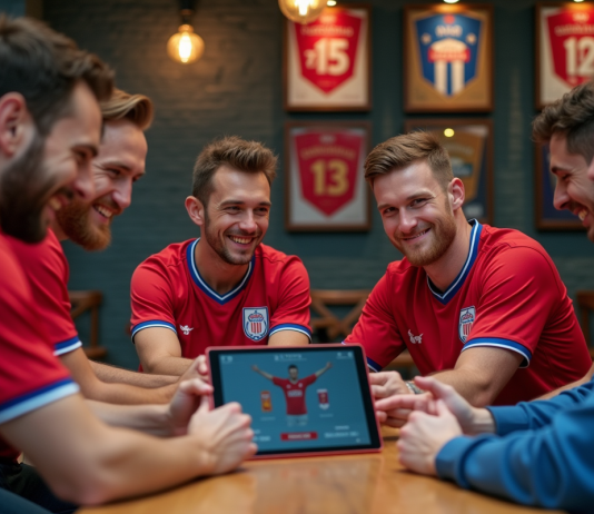 Groupe de supporters Lille discutant autour d'une tablette