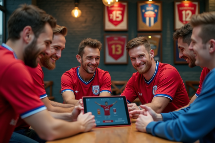 groupe-supporters-lille-cafe Groupe de supporters Lille discutant autour d'une tablette