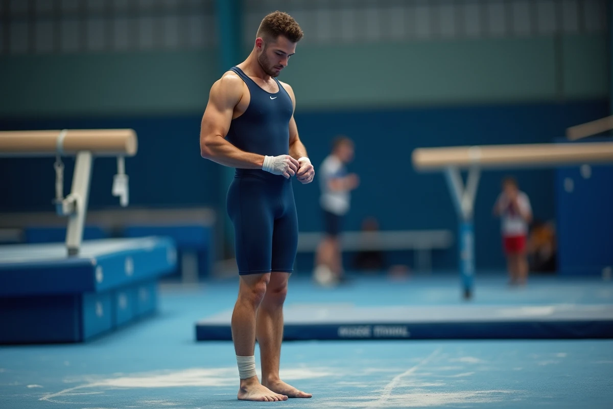 Gymnastes masculin inspectant son cheville bandée dans une salle d'entraînement, évoquant les risques cachés des sports acrobatiques