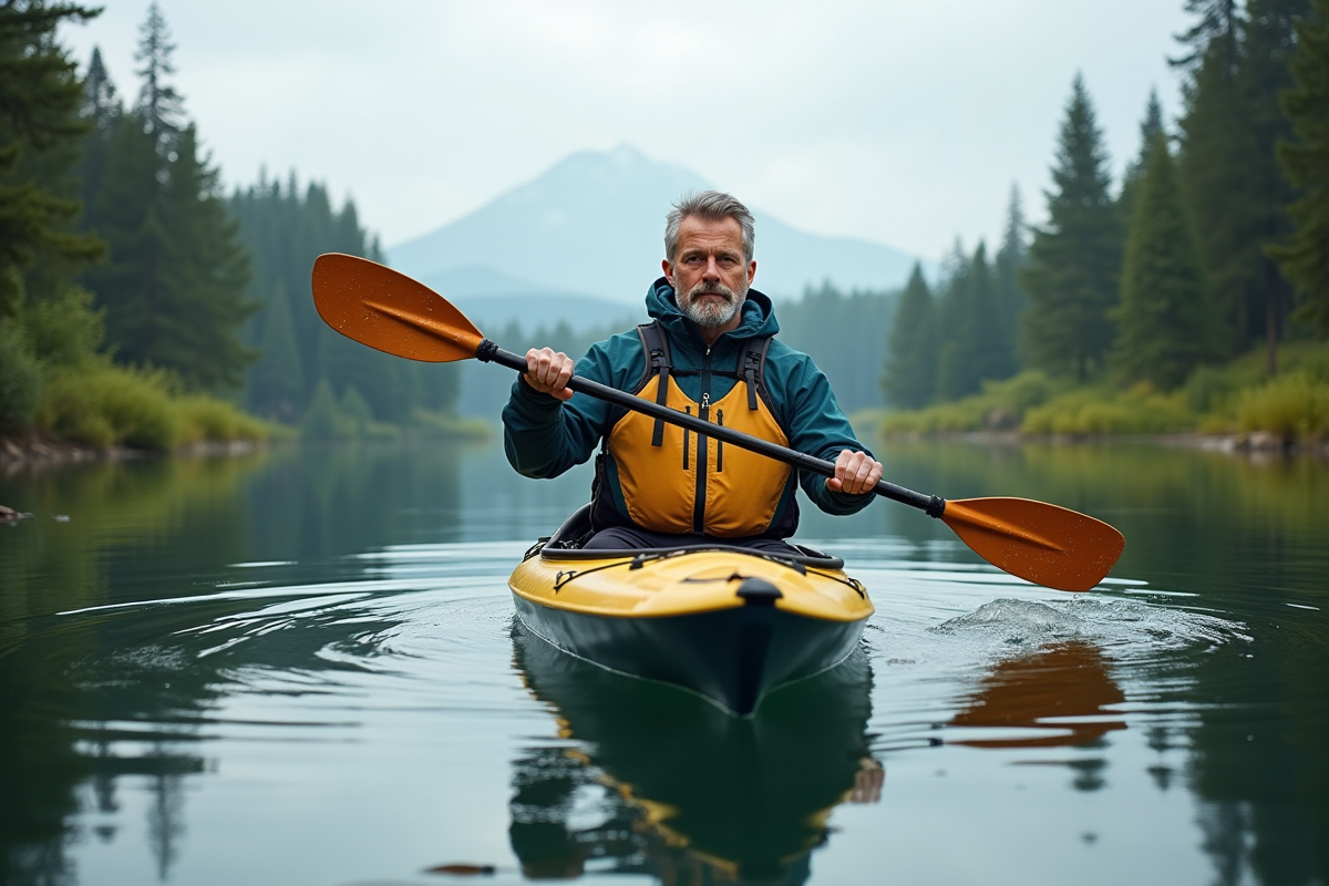 Homme en kayak sur un lac calme en forêt