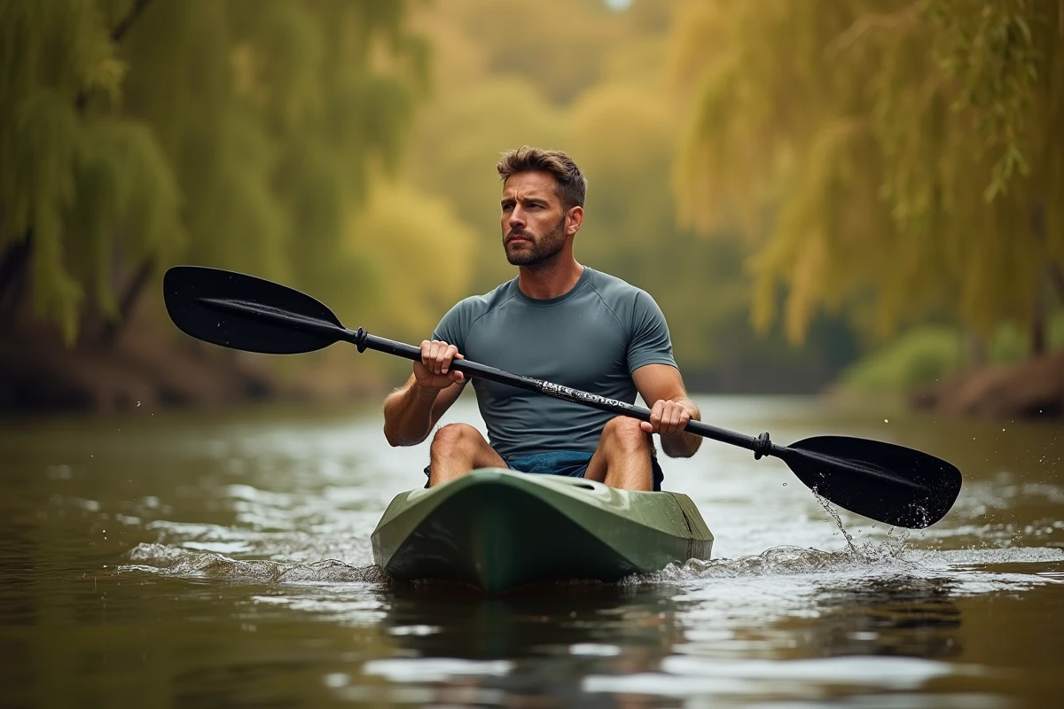 Homme en kayak pagayant sur une rivière calme bordée de saules et de berges verdoyantes