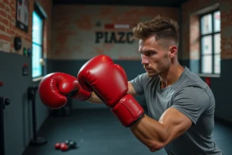 Homme en gants de boxe frappant une machine à boxe musicale dans une salle de sport moderne